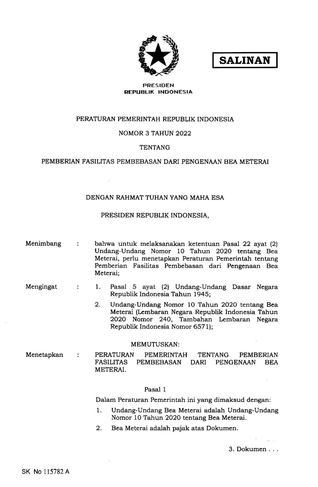 Peraturan Pemerintah Nomor 3 Tahun 2022