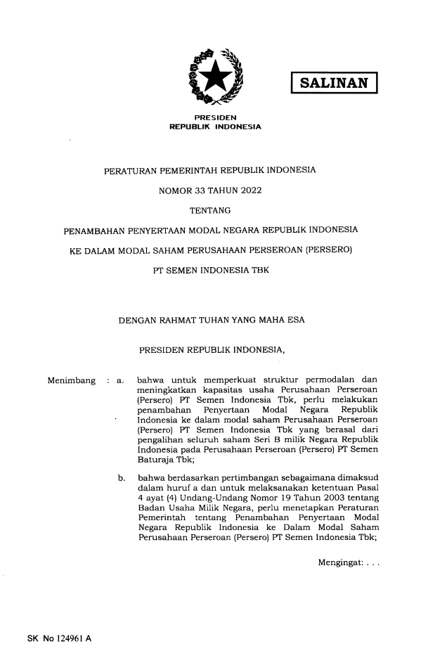 Peraturan Pemerintah Nomor 33 Tahun 2022