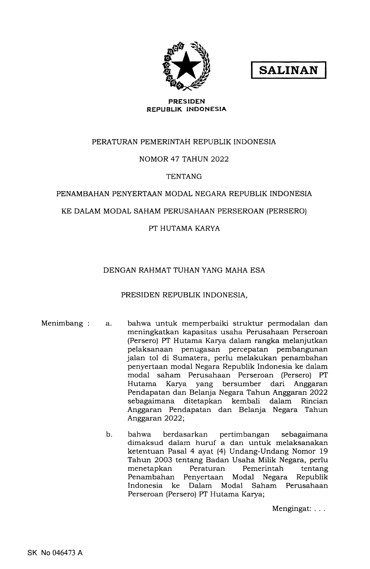 Peraturan Pemerintah Nomor 47 Tahun 2022