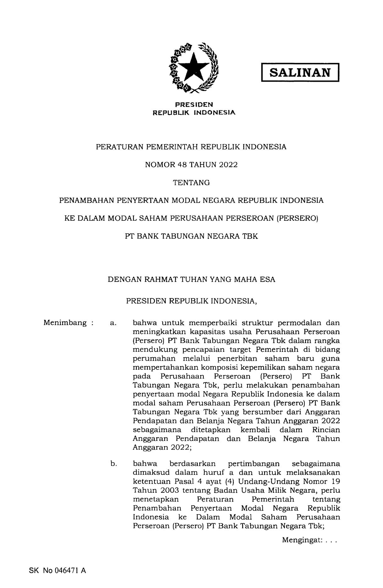 Peraturan Pemerintah Nomor 48 Tahun 2022