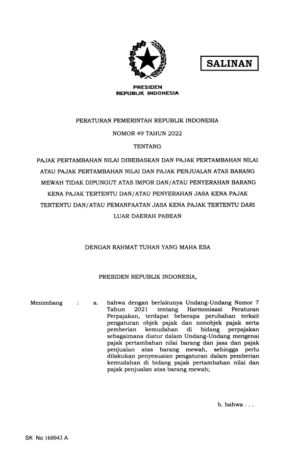 Peraturan Pemerintah Nomor 49 Tahun 2022