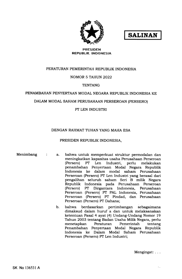 Peraturan Pemerintah Nomor 5 Tahun 2022