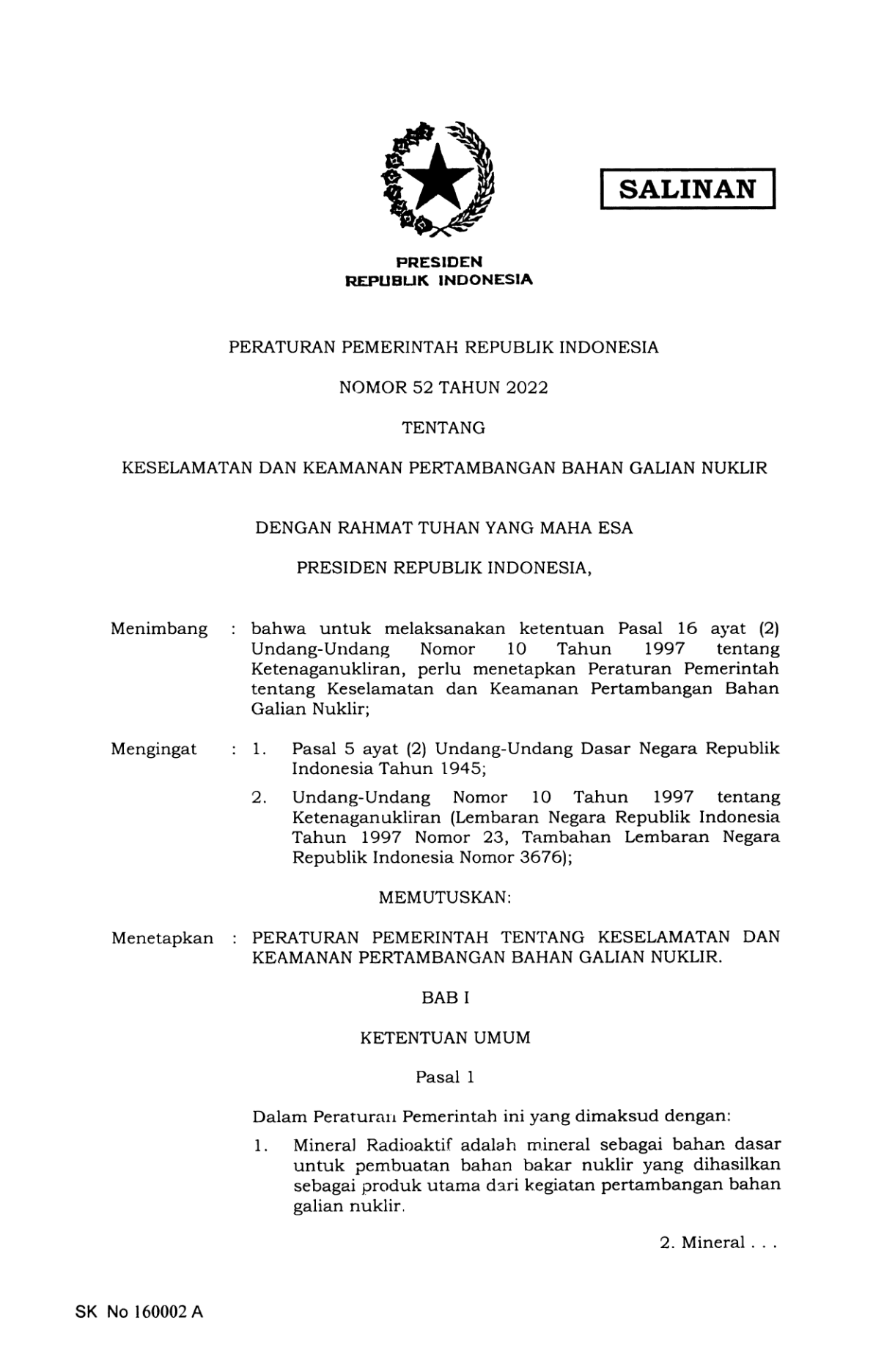 Peraturan Pemerintah Nomor 52 Tahun 2022