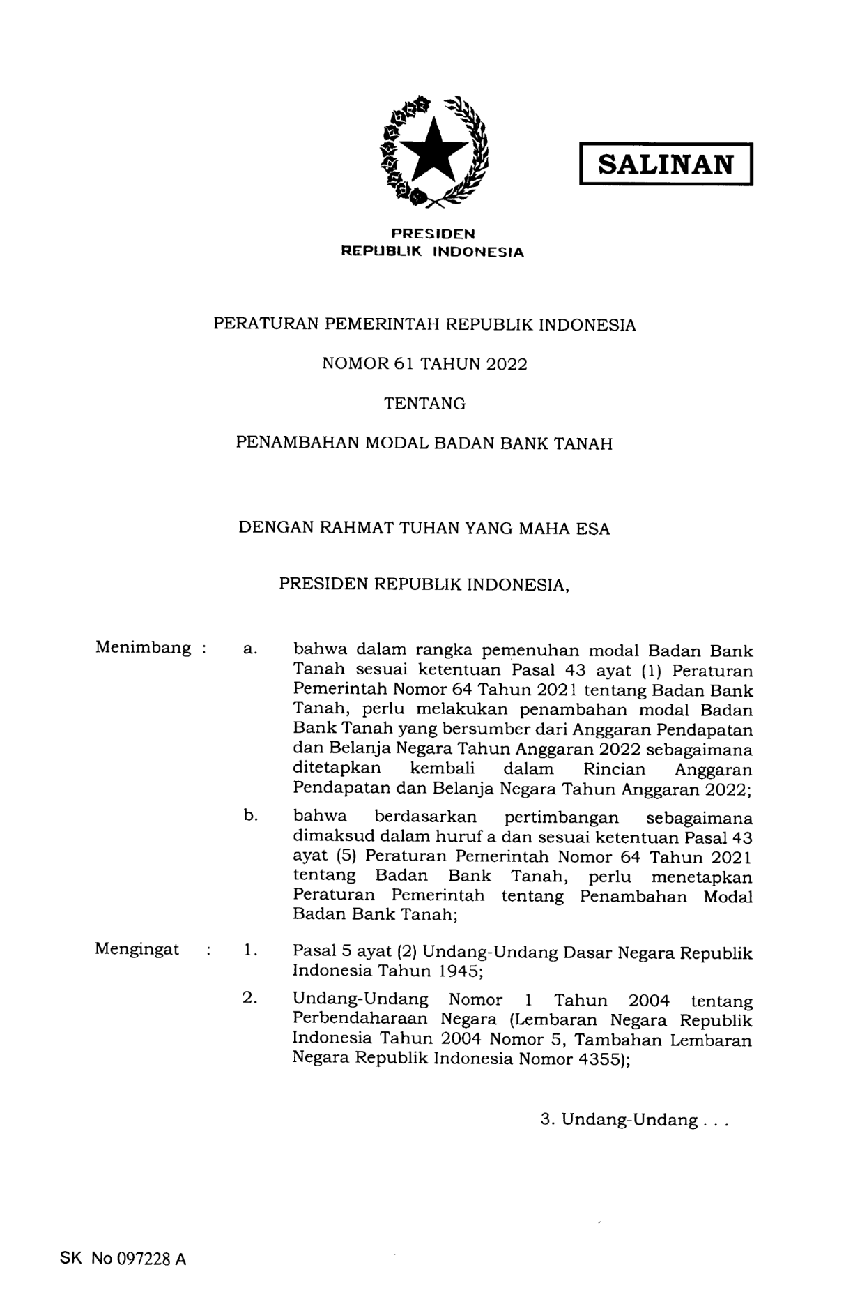 Peraturan Pemerintah Nomor 61 Tahun 2022