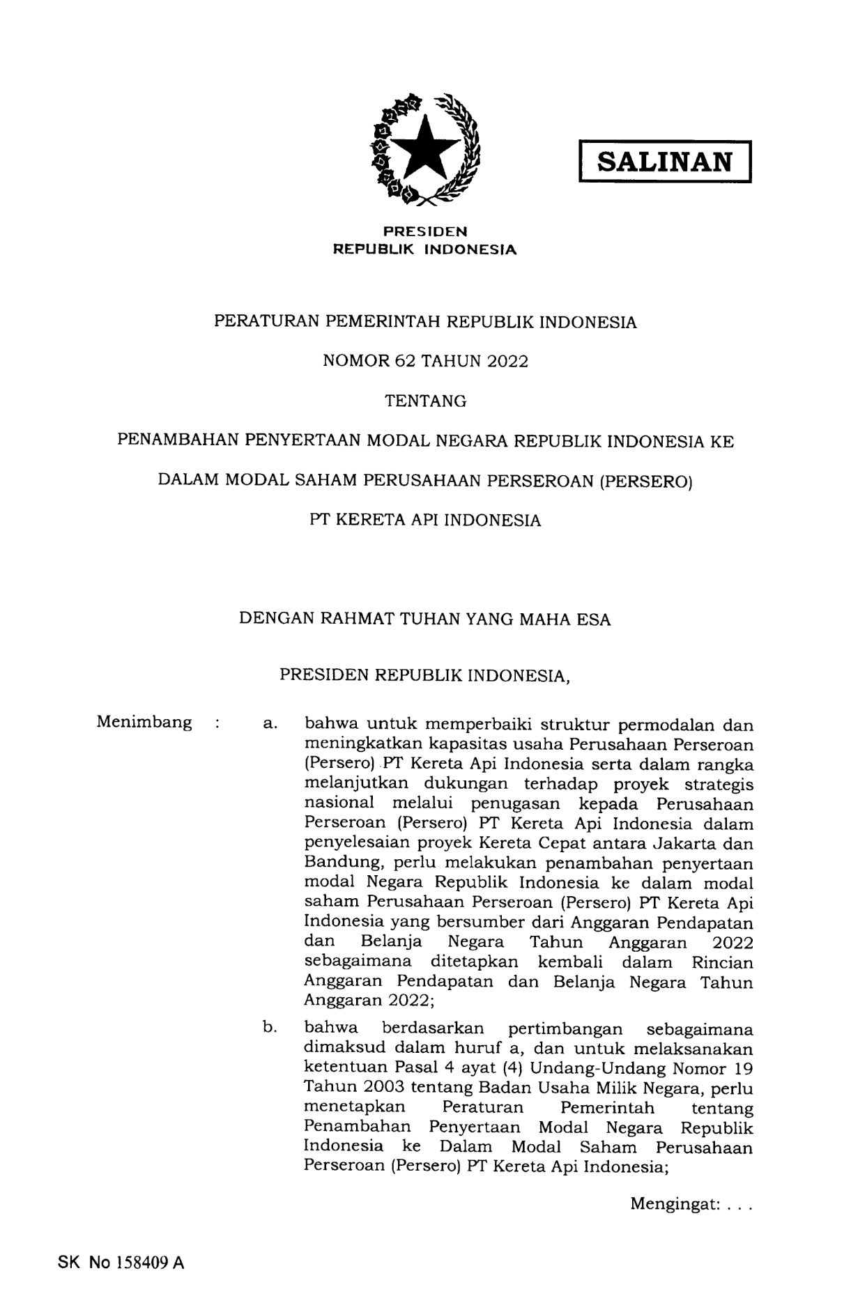 Peraturan Pemerintah Nomor 62 Tahun 2022