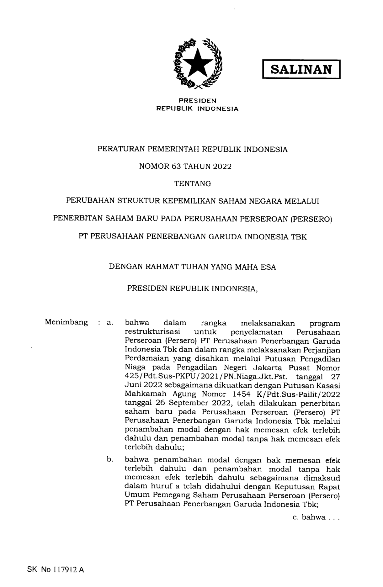 Peraturan Pemerintah Nomor 63 Tahun 2022