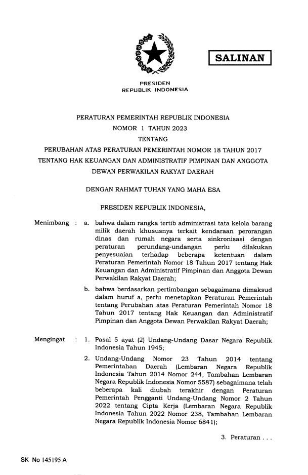 Peraturan Pemerintah Nomor 1 Tahun 2023