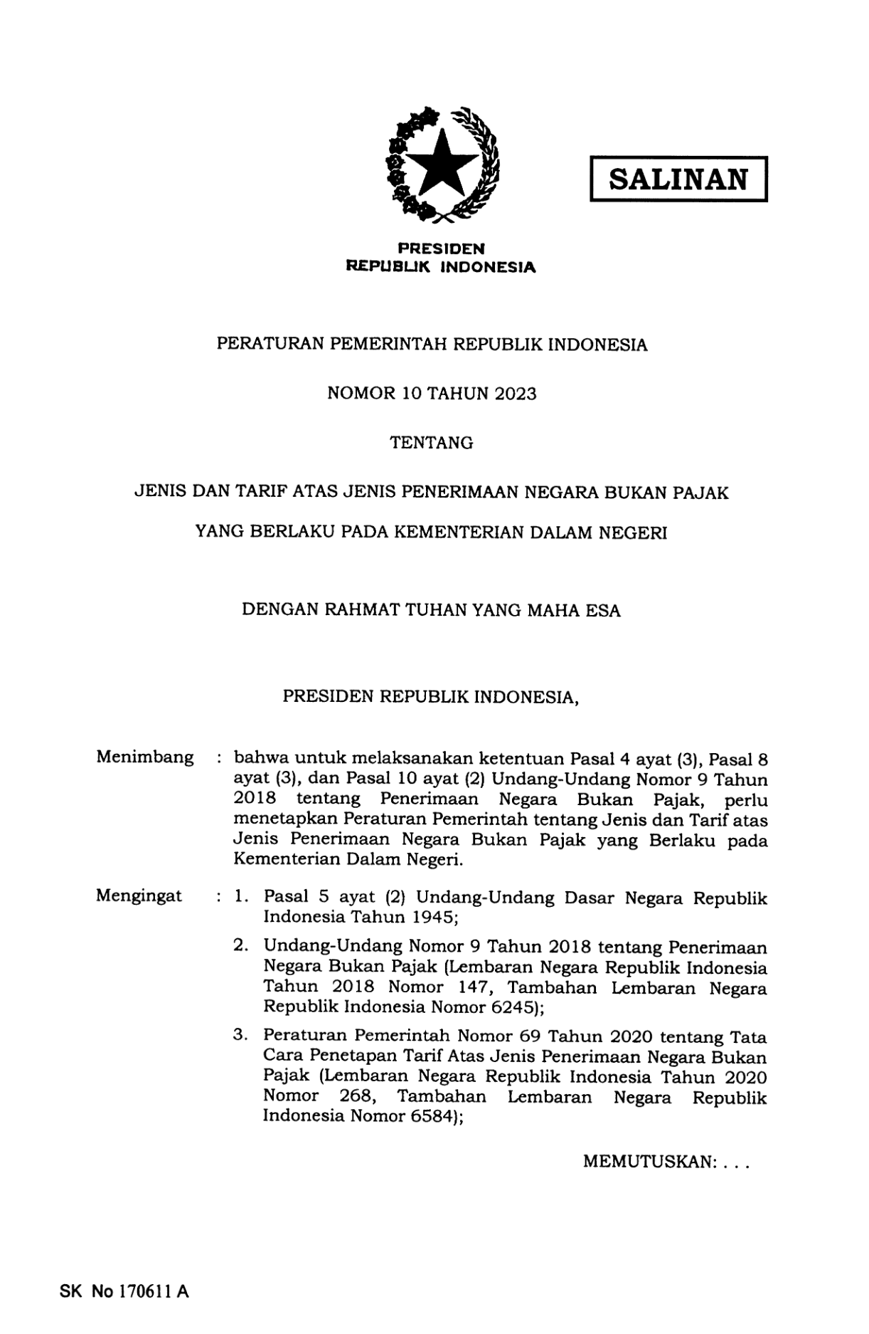 Peraturan Pemerintah Nomor 10 Tahun 2023