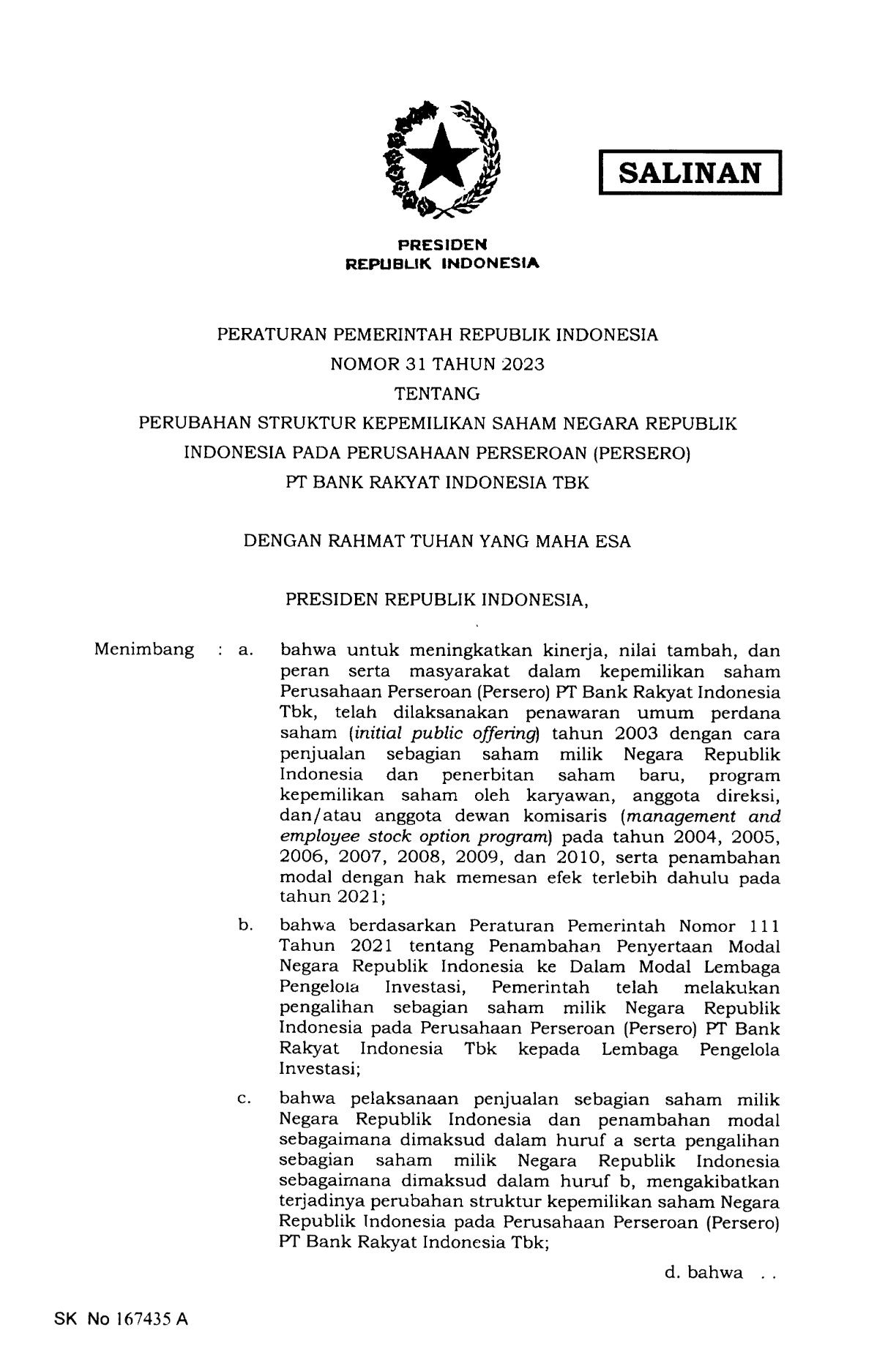 Peraturan Pemerintah Nomor 31 Tahun 2023