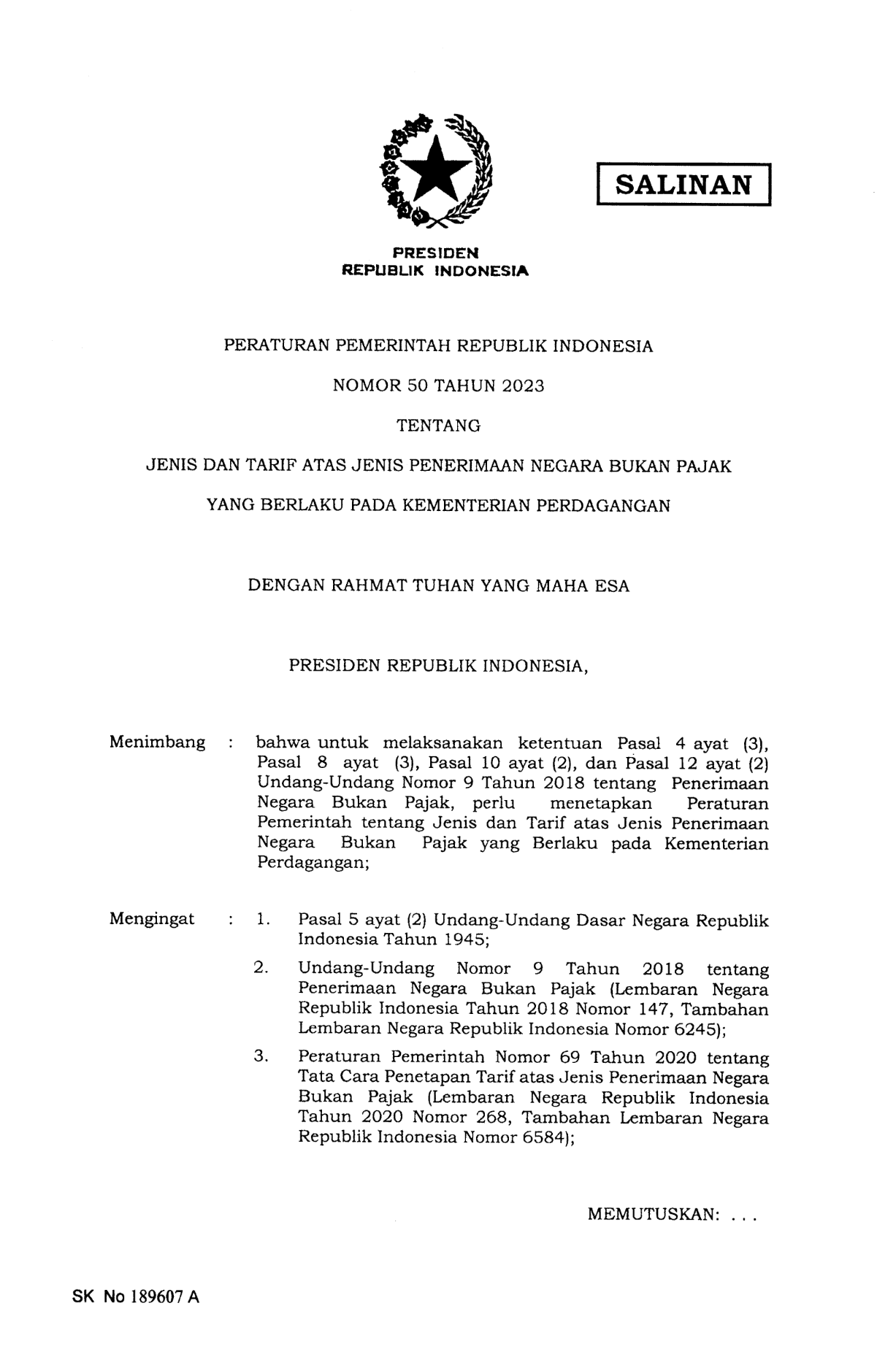 Peraturan Pemerintah Nomor 50 Tahun 2023