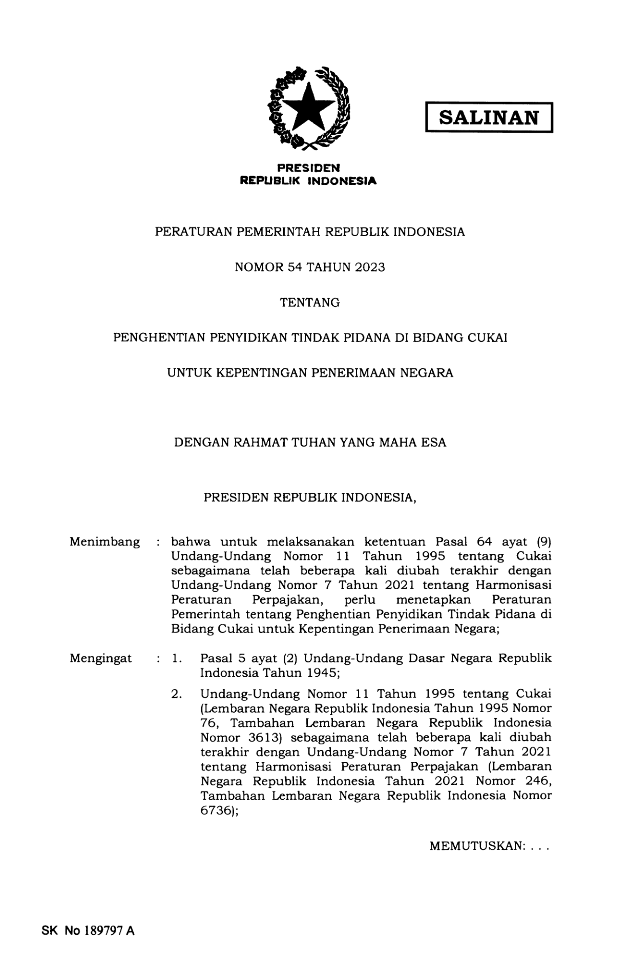 Peraturan Pemerintah Nomor 54 Tahun 2023