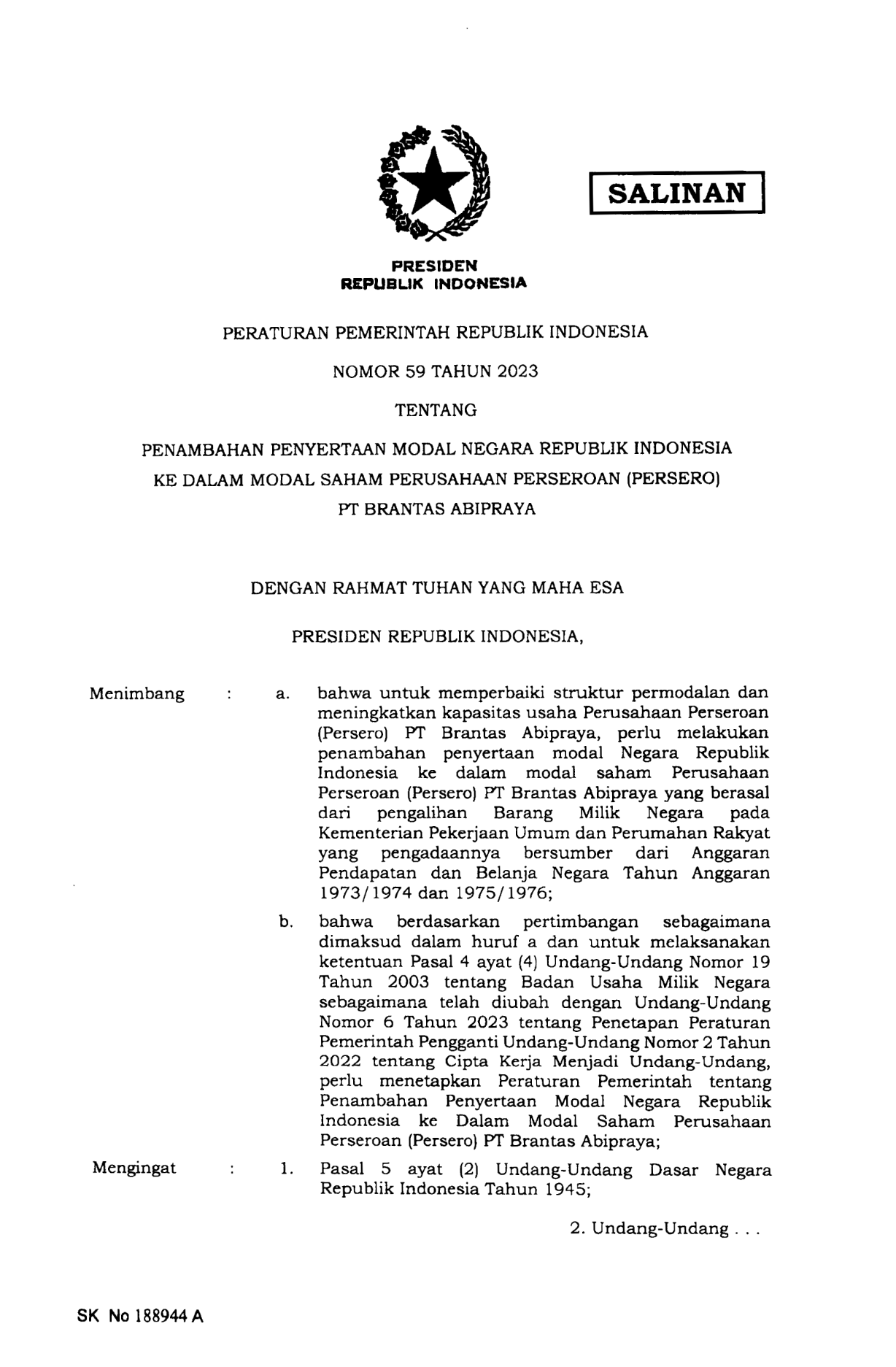 Peraturan Pemerintah Nomor 59 Tahun 2023