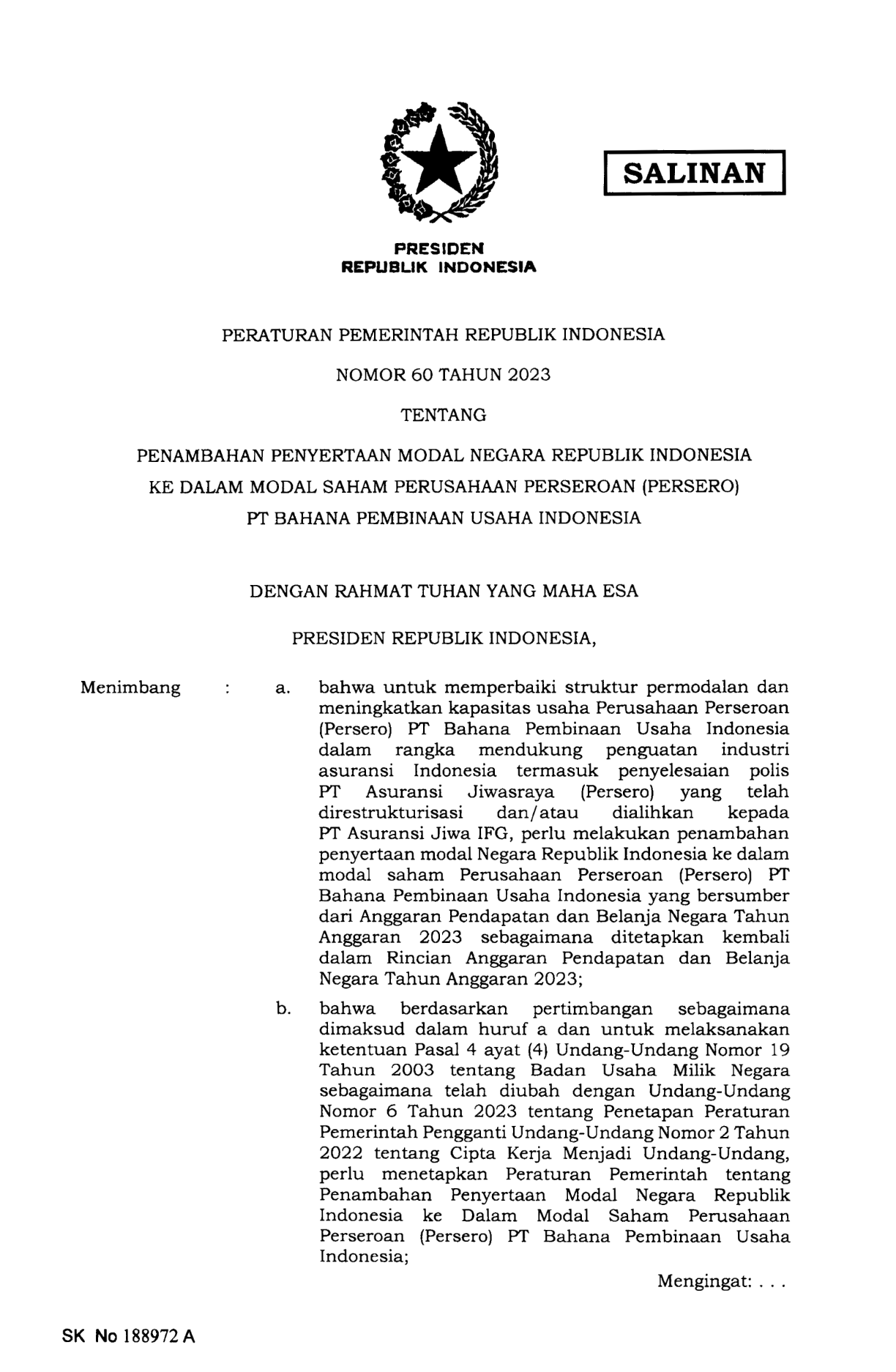 Peraturan Pemerintah Nomor 60 Tahun 2023