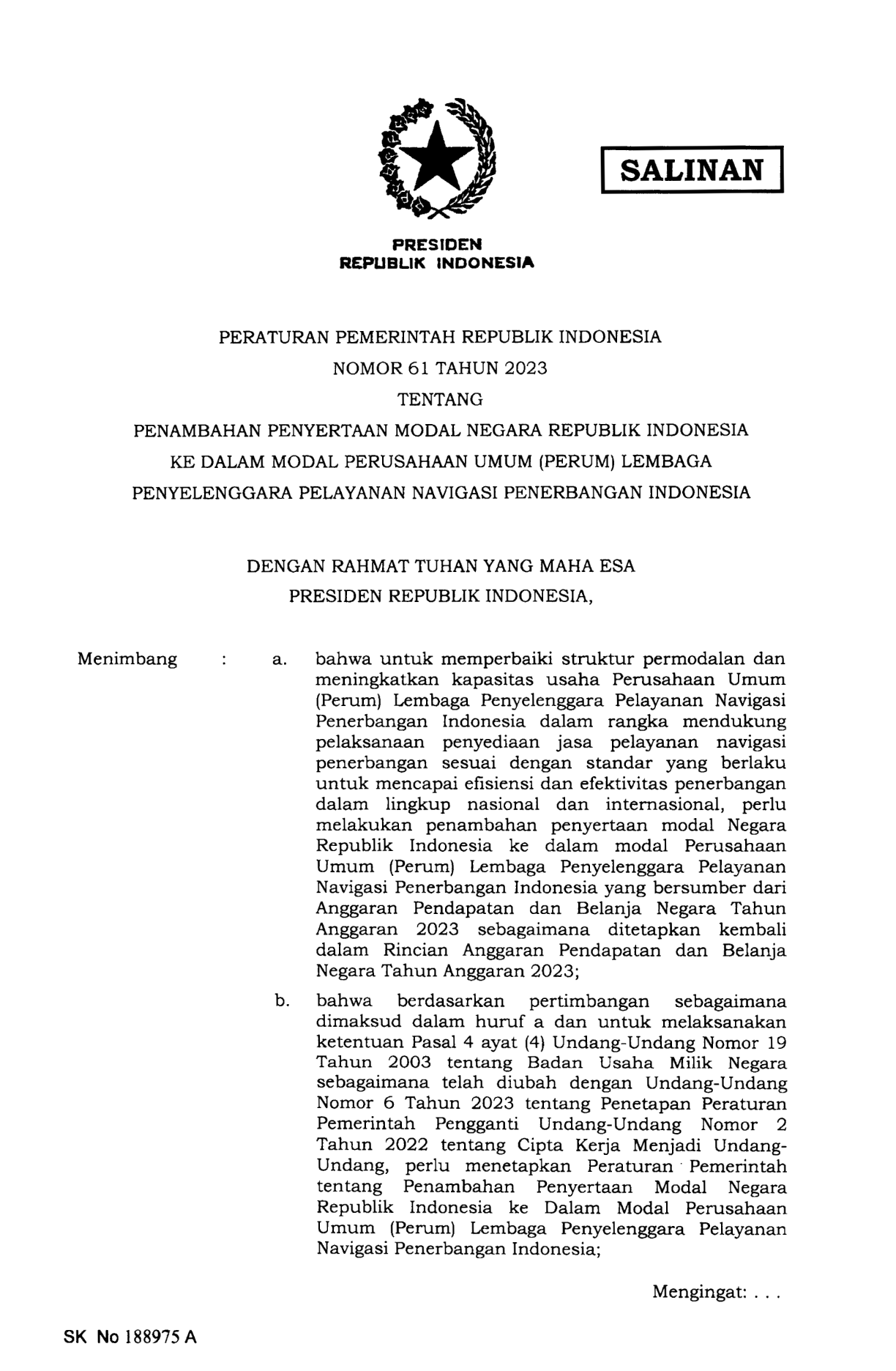 Peraturan Pemerintah Nomor 61 Tahun 2023