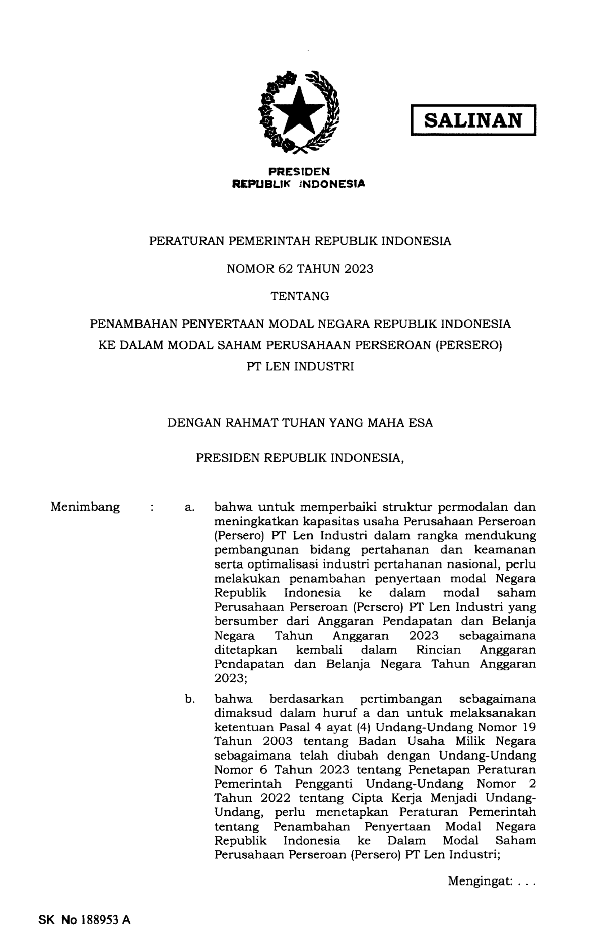 Peraturan Pemerintah Nomor 62 Tahun 2023