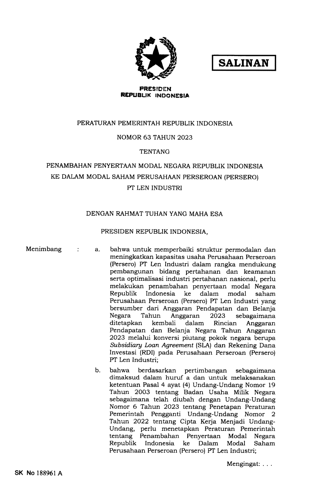 Peraturan Pemerintah Nomor 63 Tahun 2023