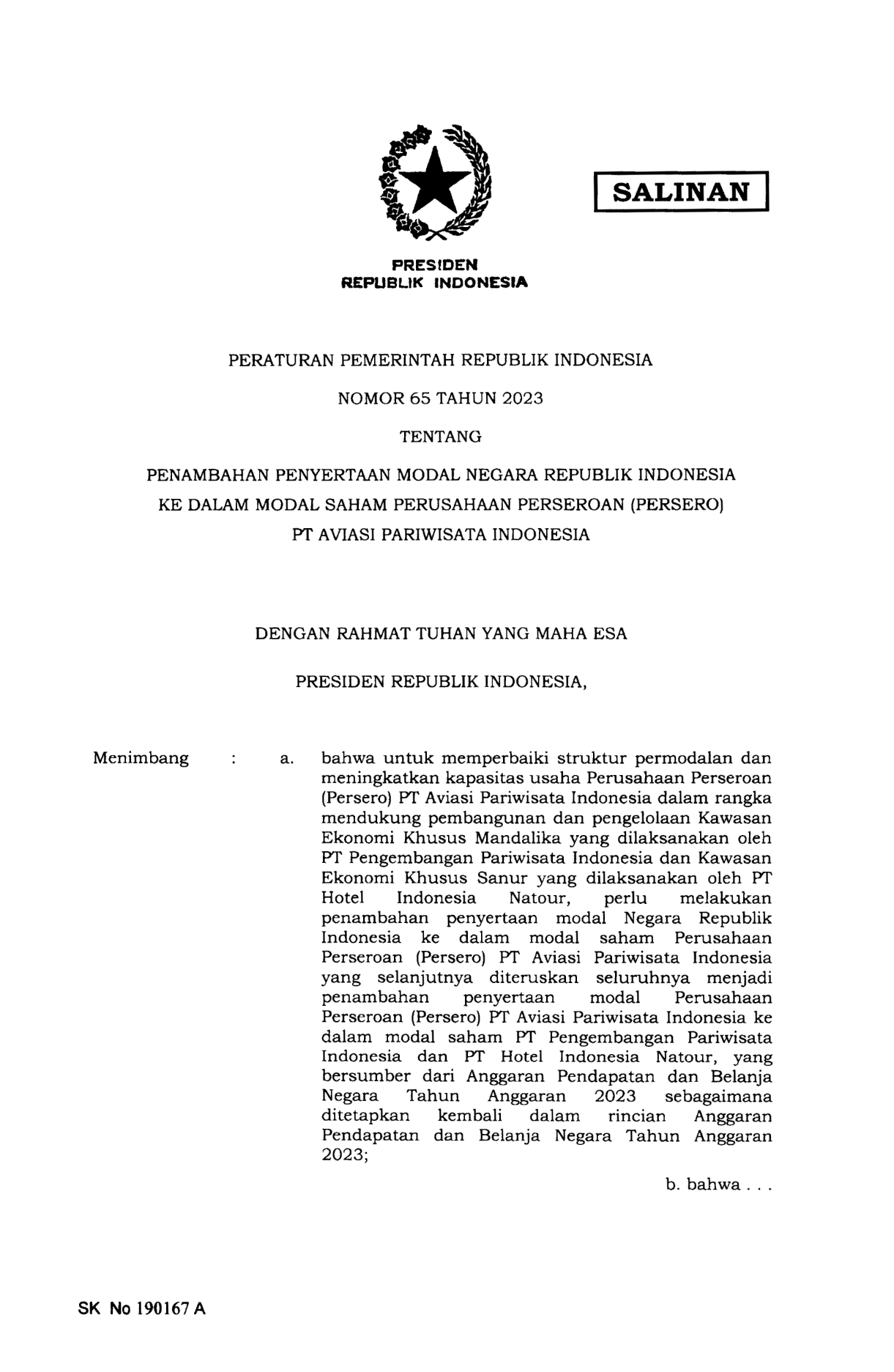 Peraturan Pemerintah Nomor 65 Tahun 2023