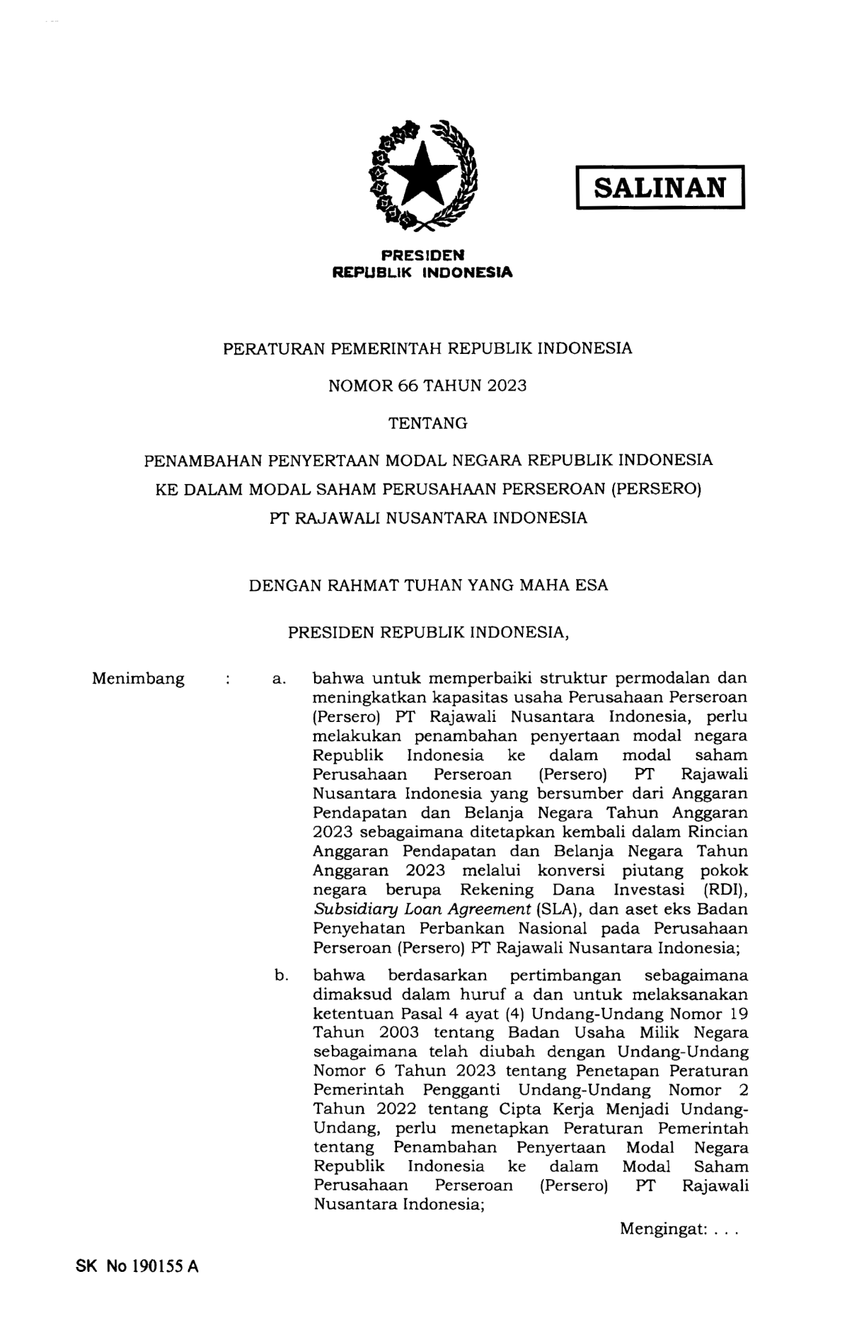 Peraturan Pemerintah Nomor 66 Tahun 2023