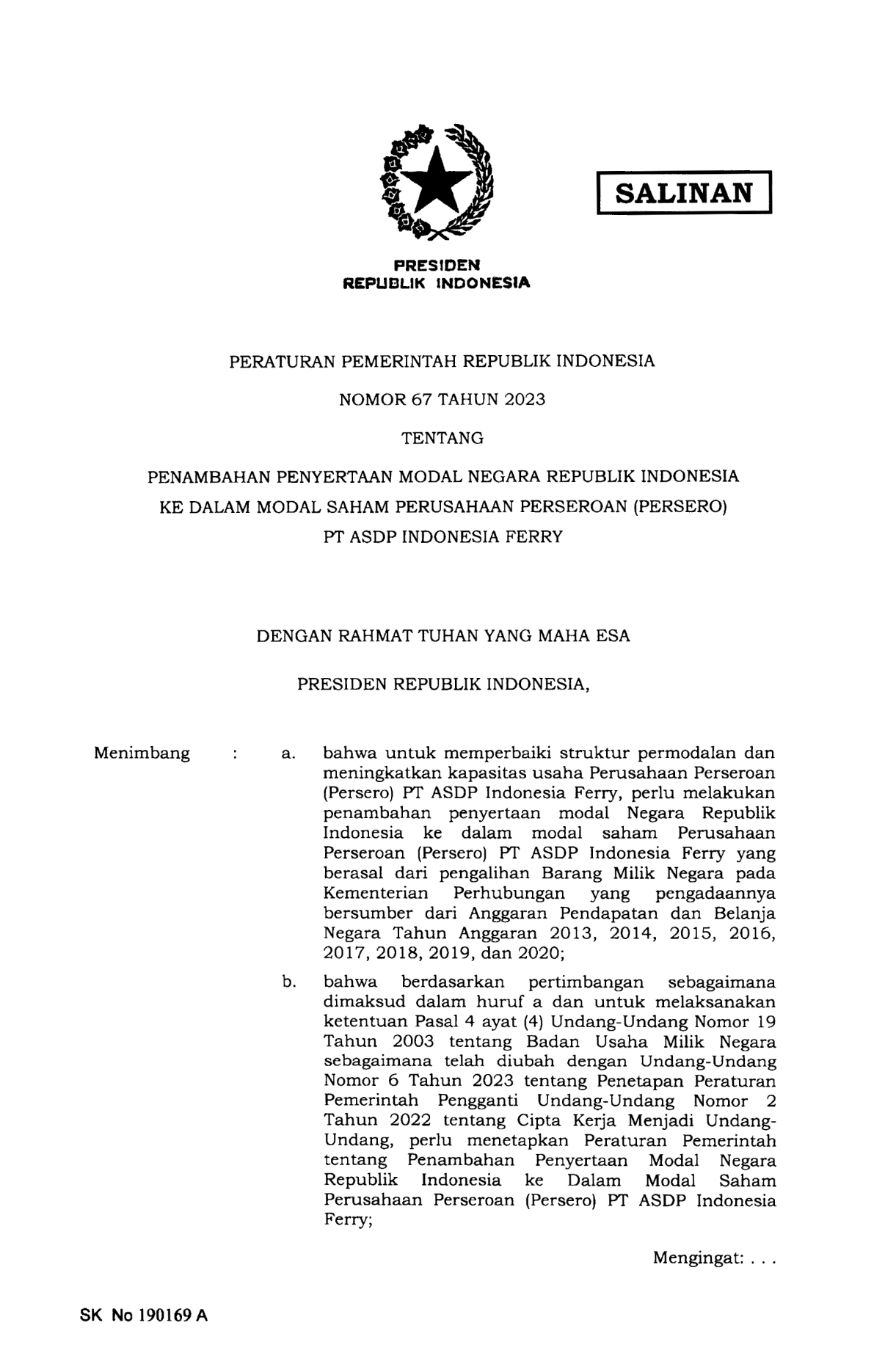 Peraturan Pemerintah Nomor 67 Tahun 2023