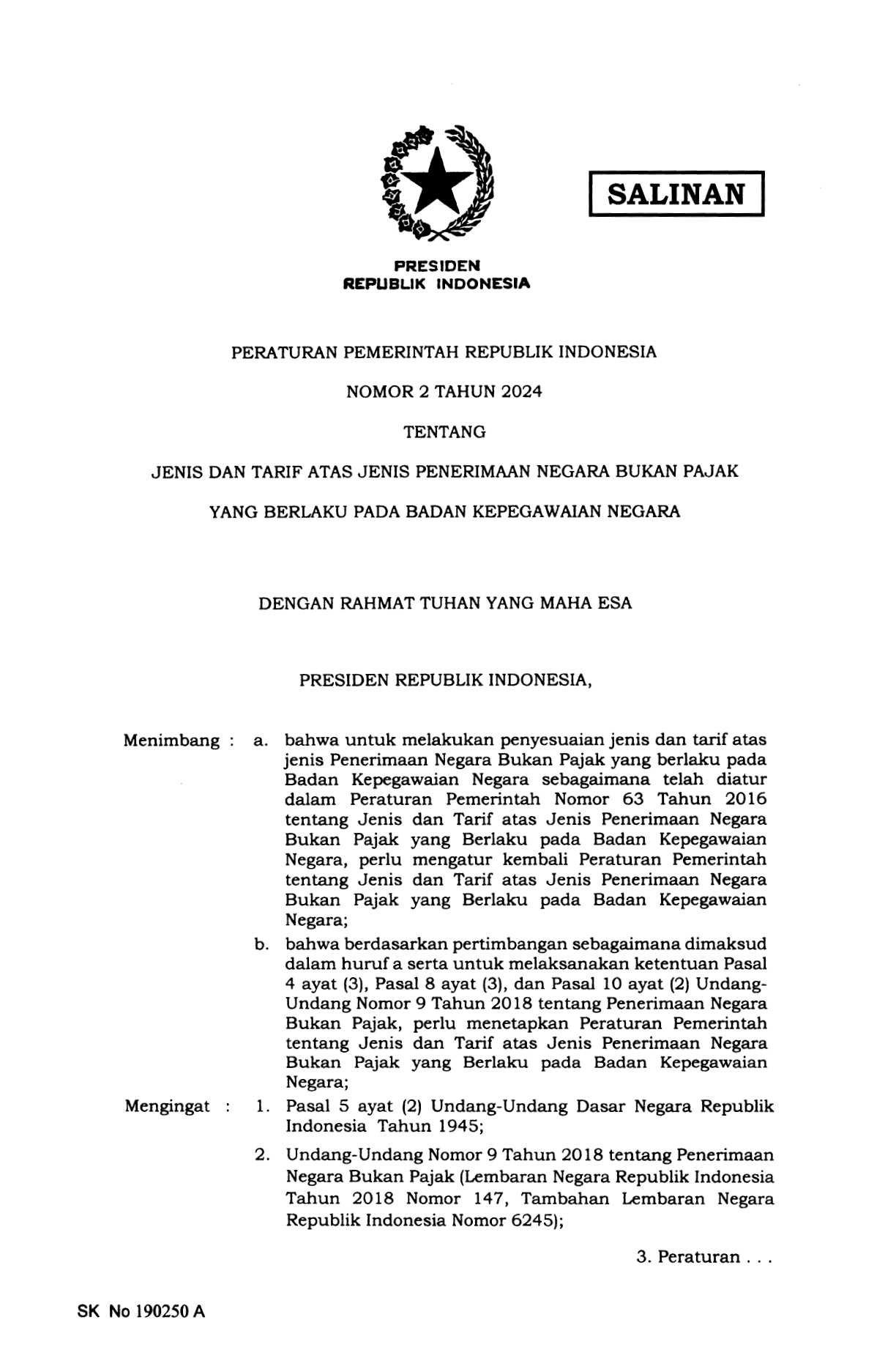 Peraturan Pemerintah Nomor 2 Tahun 2024