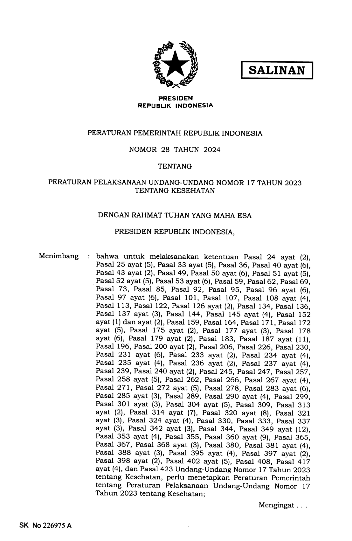 Peraturan Pemerintah Nomor 28 Tahun 2024