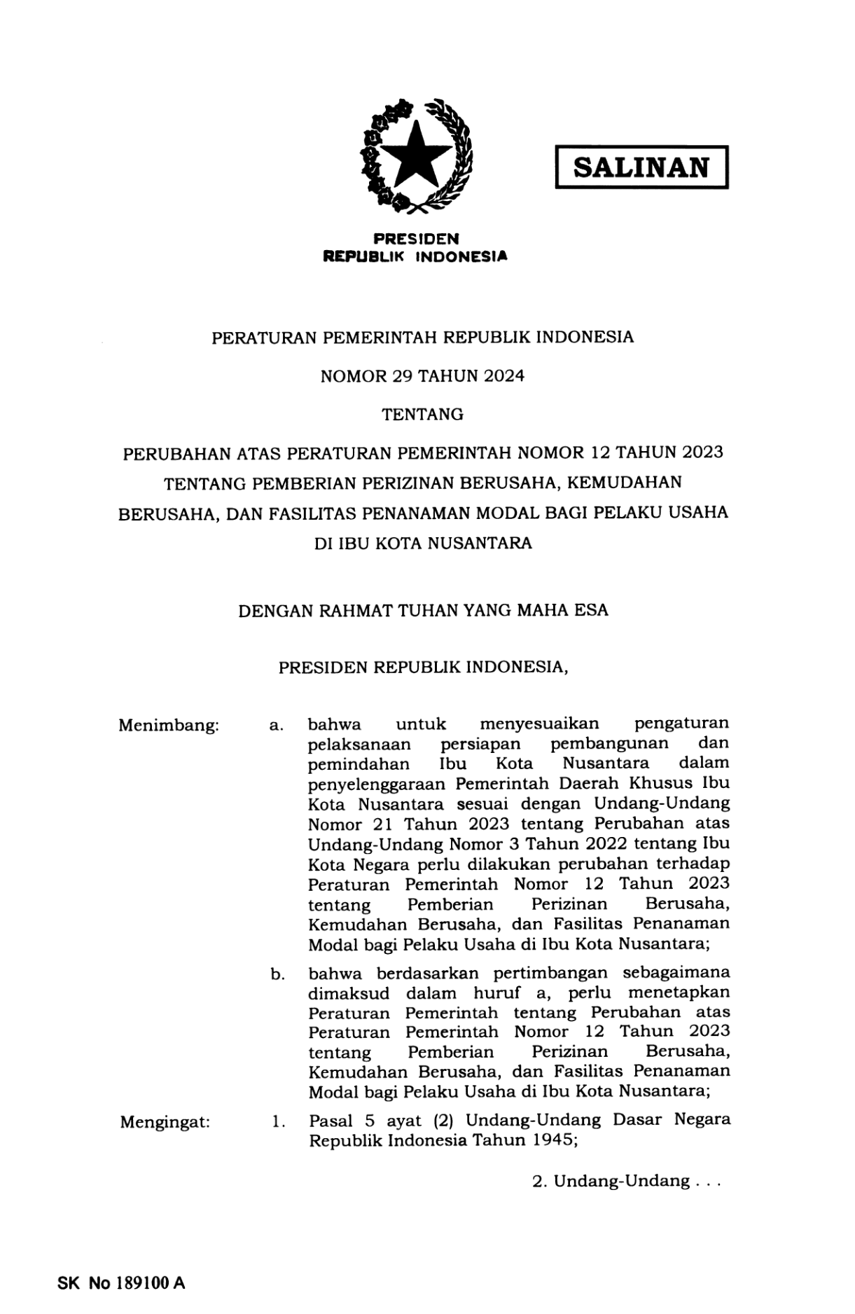 Peraturan Pemerintah Nomor 29 Tahun 2024