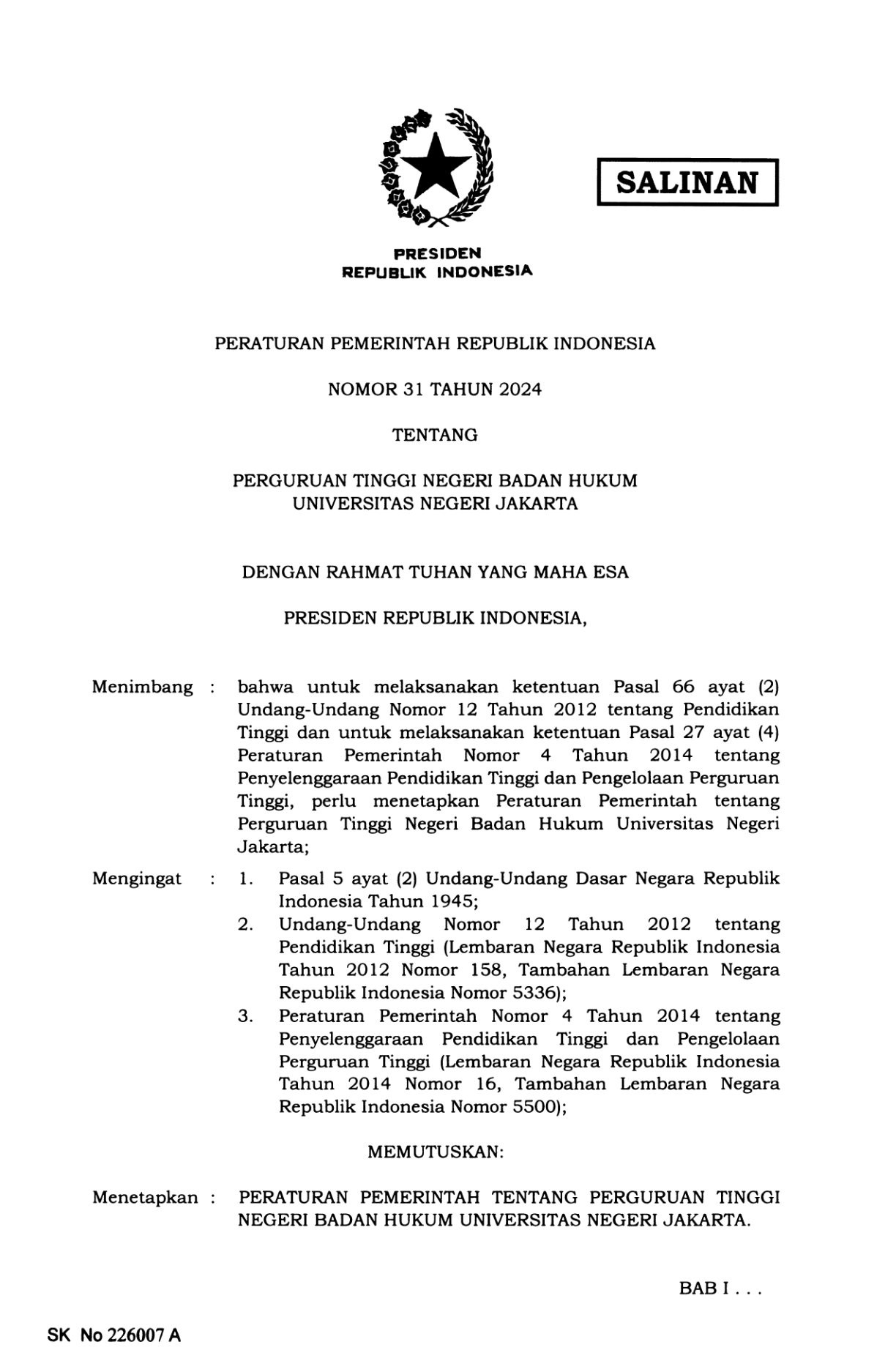 Peraturan Pemerintah Nomor 31 Tahun 2024