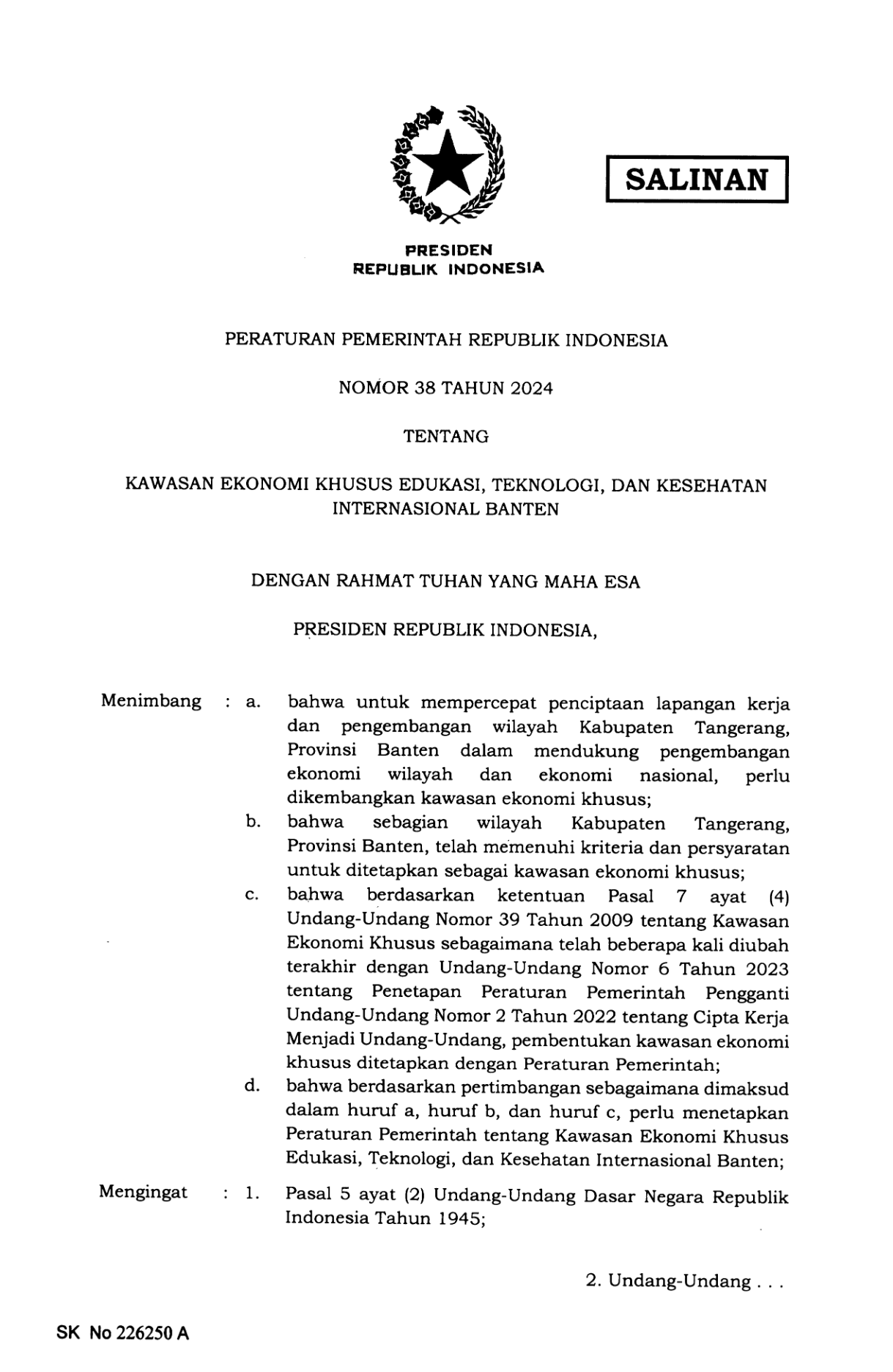 Peraturan Pemerintah Nomor 38 Tahun 2024