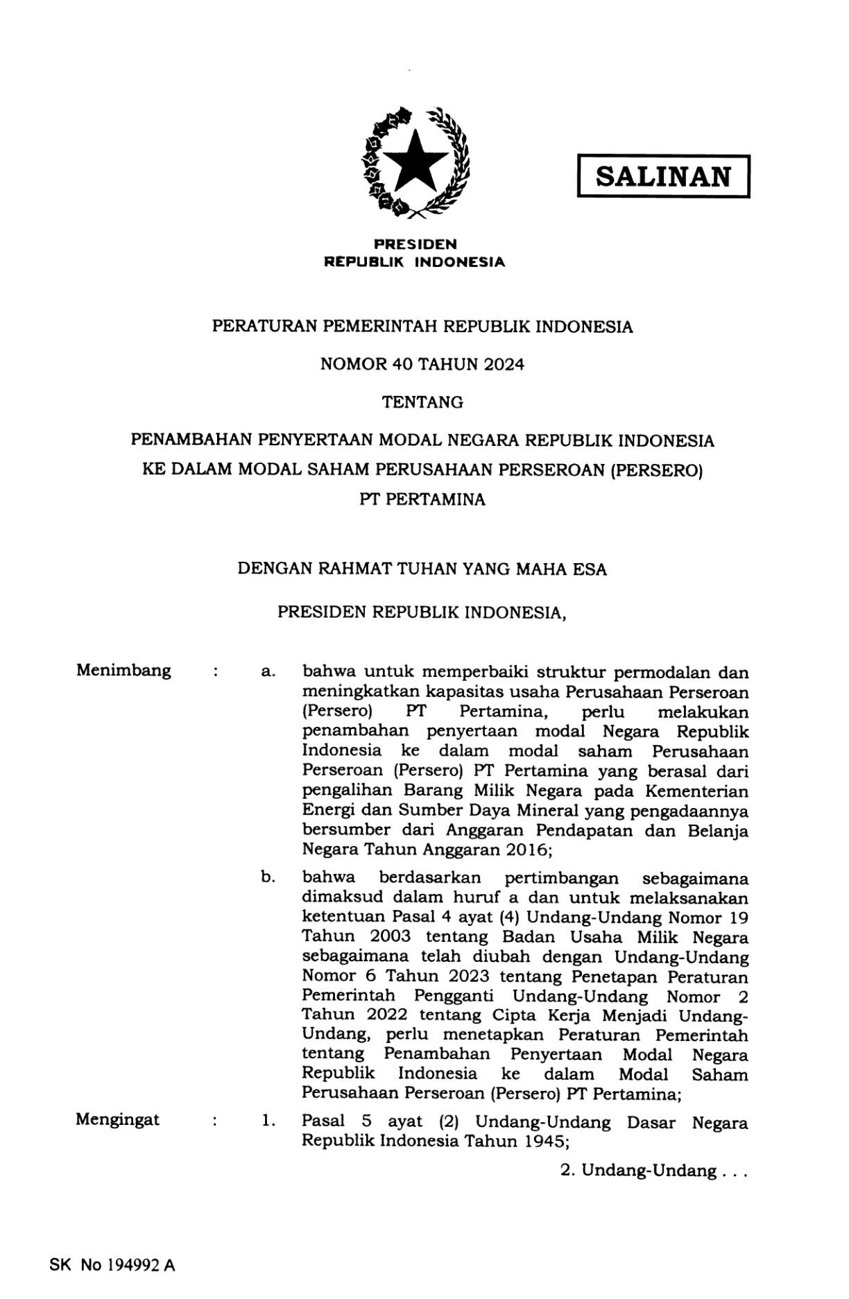 Peraturan Pemerintah Nomor 40 Tahun 2024