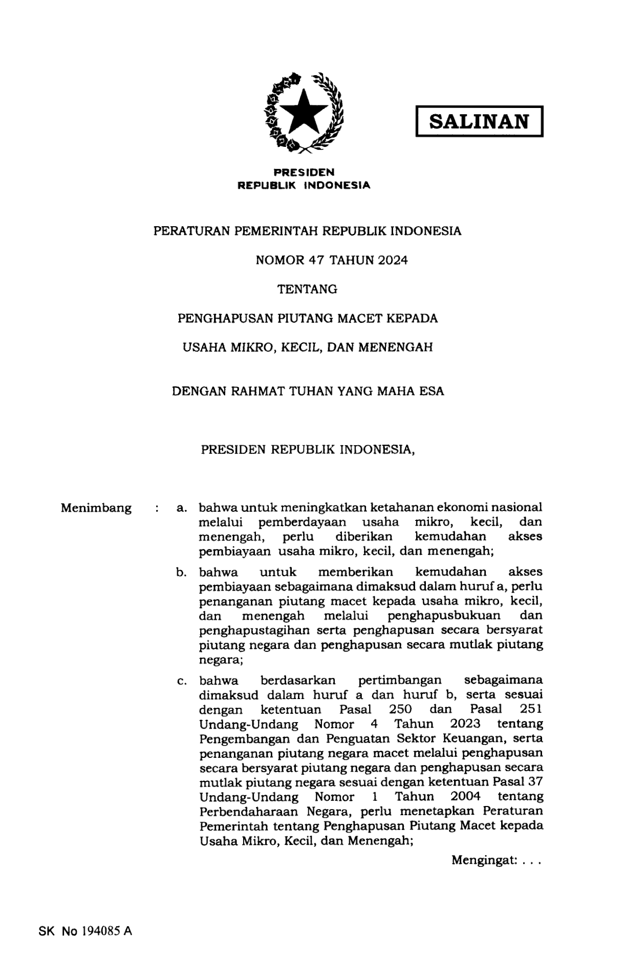 Peraturan Pemerintah Nomor 47 Tahun 2024