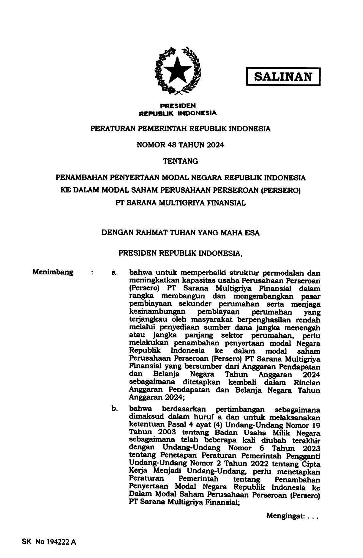 Peraturan Pemerintah Nomor 48 Tahun 2024