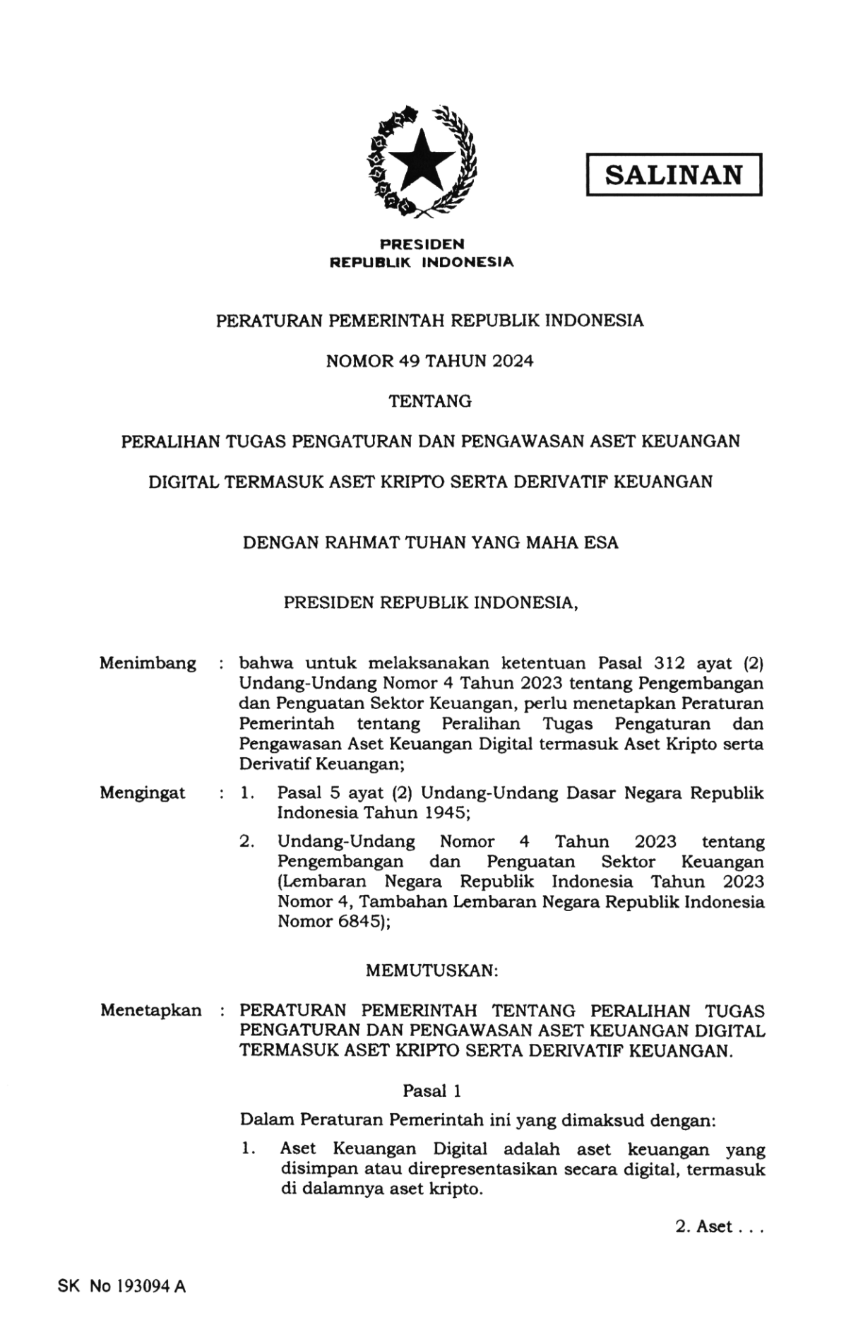 Peraturan Pemerintah Nomor 49 Tahun 2024