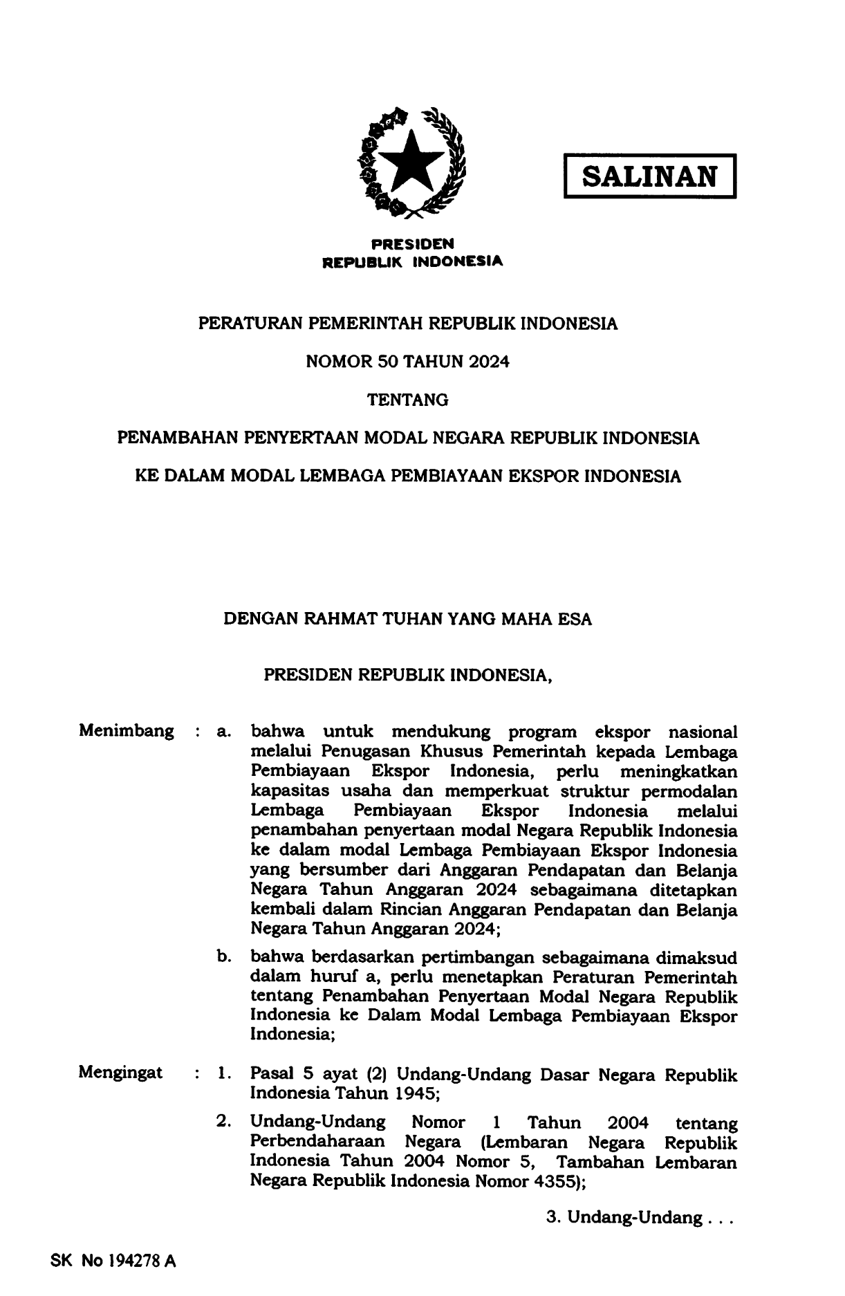 Peraturan Pemerintah Nomor 50 Tahun 2024