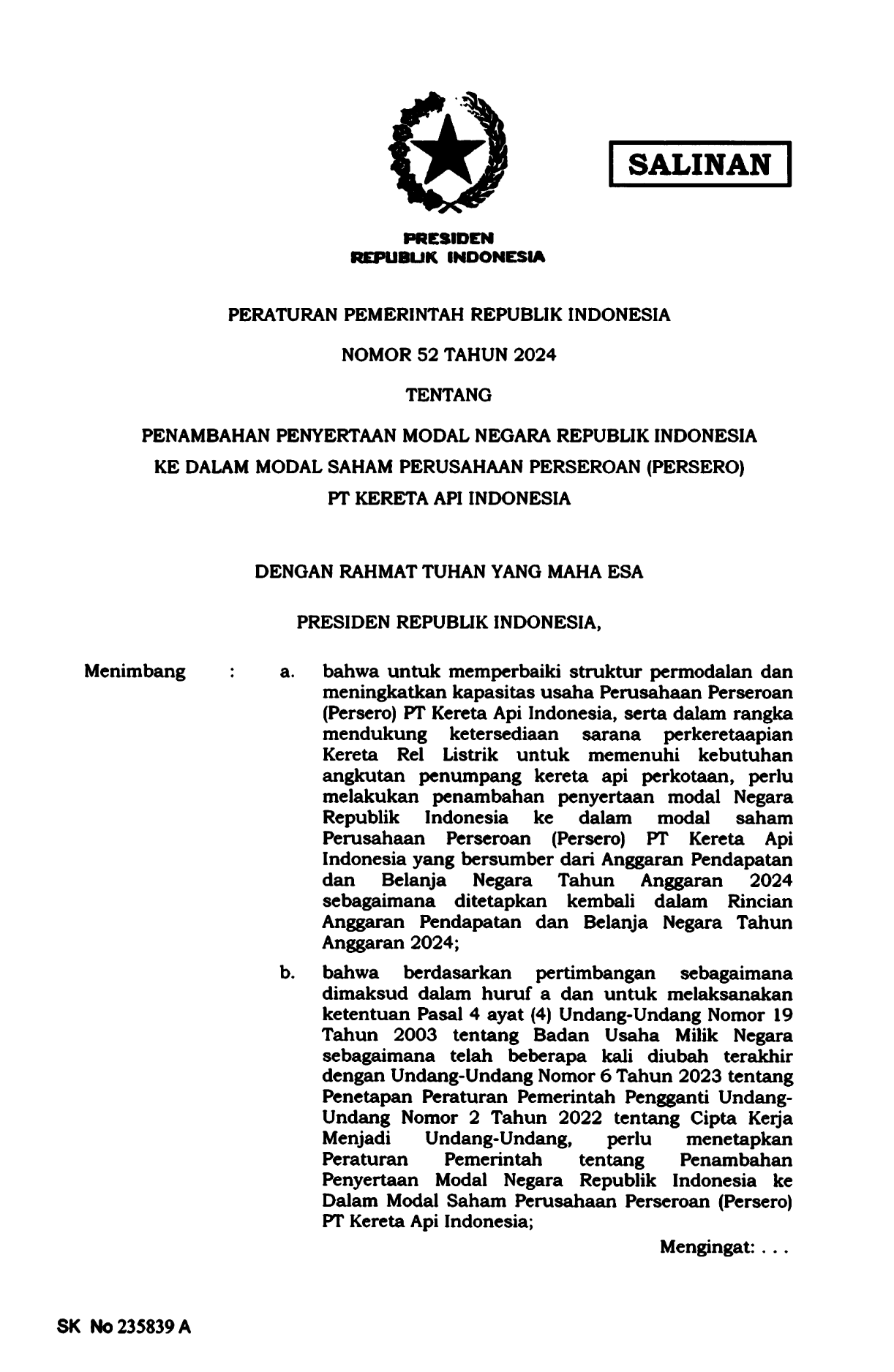 Peraturan Pemerintah Nomor 52 Tahun 2024