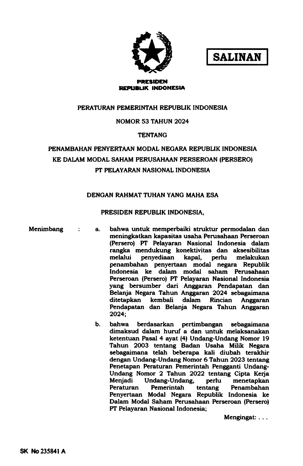 Peraturan Pemerintah Nomor 53 Tahun 2024