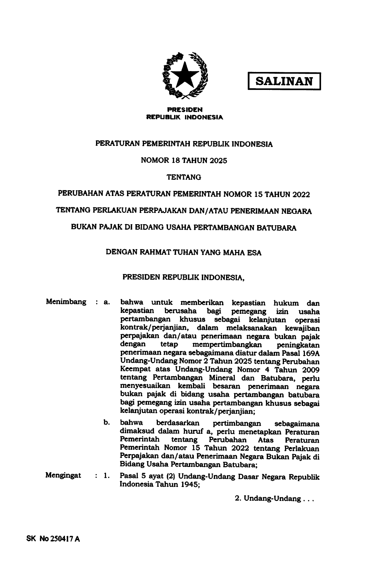 Peraturan Pemerintah Nomor 18 Tahun 2025