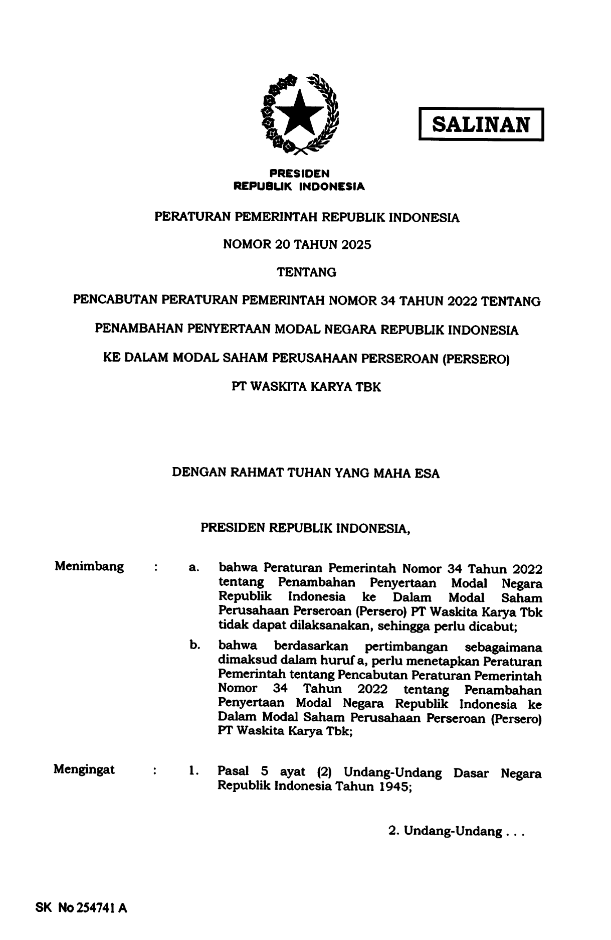 Peraturan Pemerintah Nomor 20 Tahun 2025
