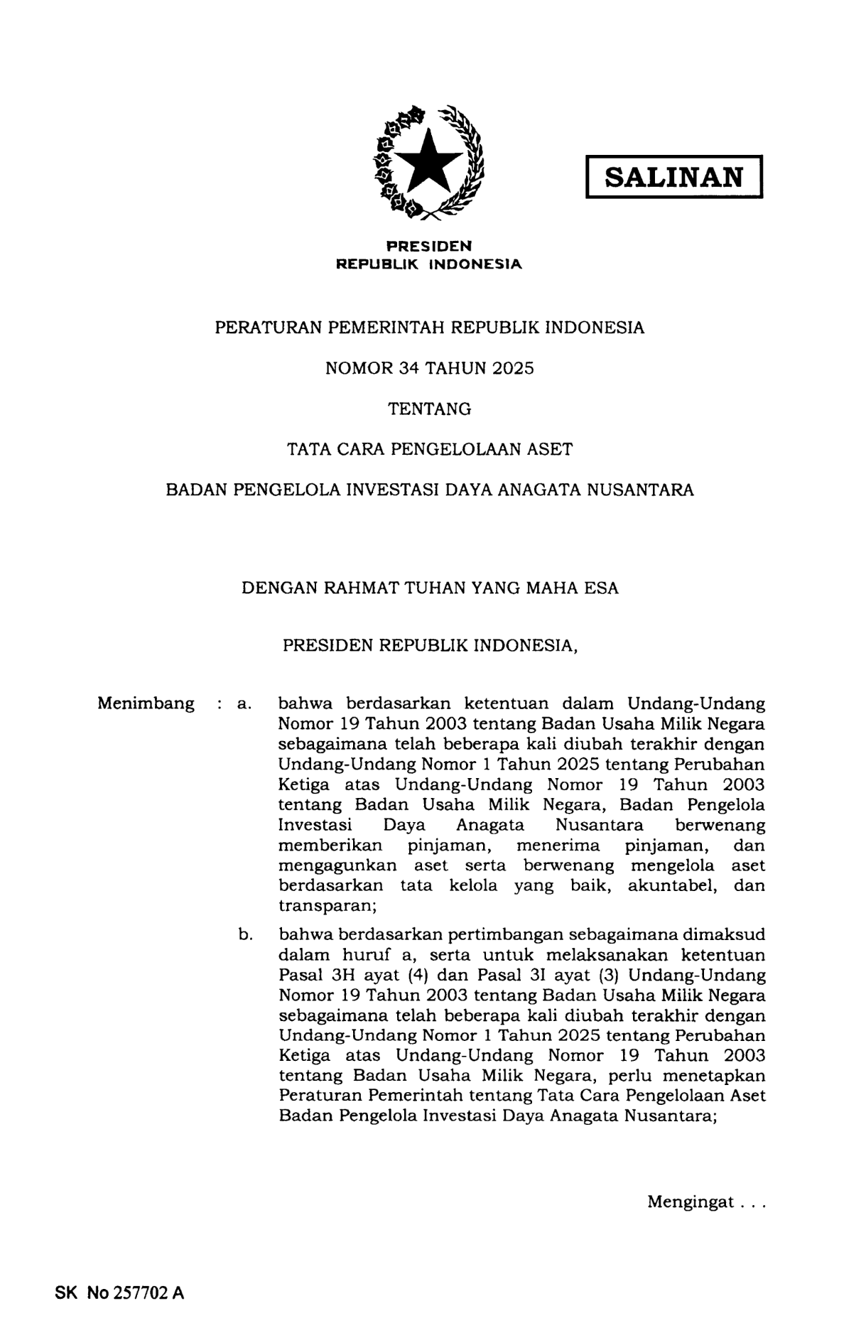Peraturan Pemerintah Nomor 34 Tahun 2025