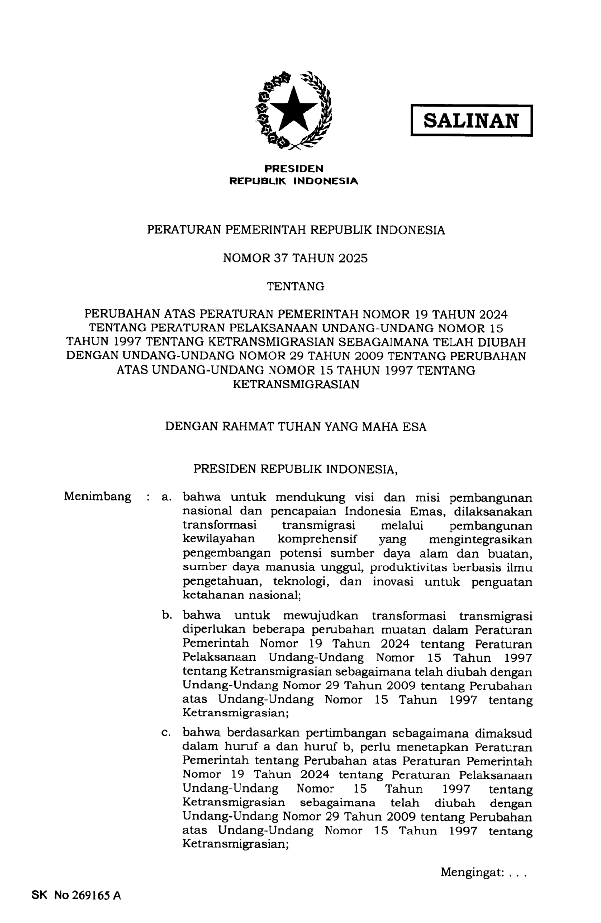 Peraturan Pemerintah Nomor 37 Tahun 2025
