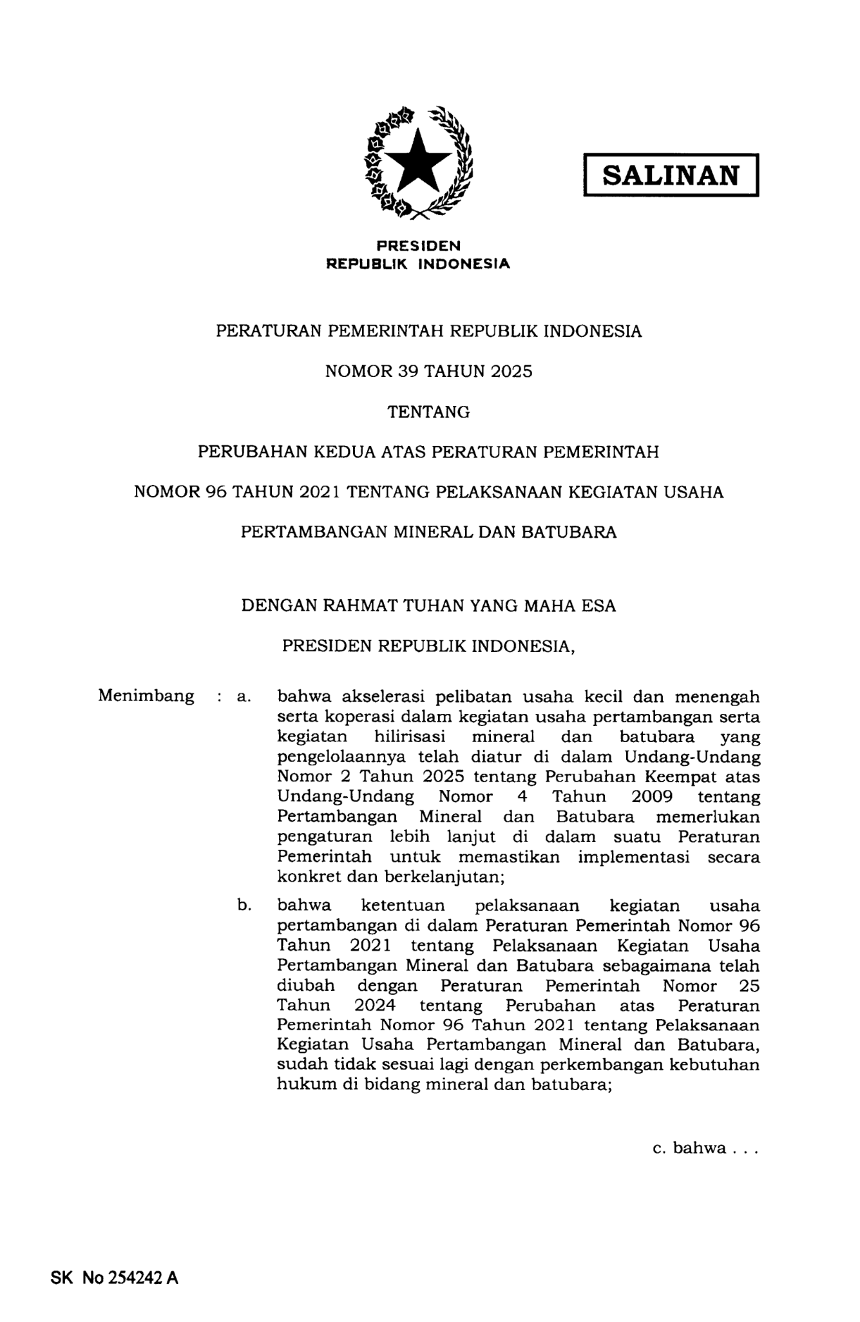 Peraturan Pemerintah Nomor 39 Tahun 2025