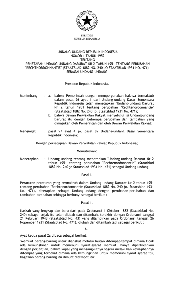 Undang-Undang Nomor 1 Tahun 1952