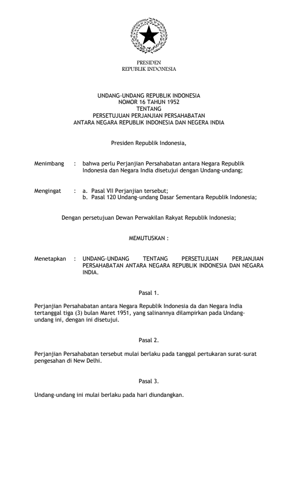 Undang-Undang Nomor 16 Tahun 1952