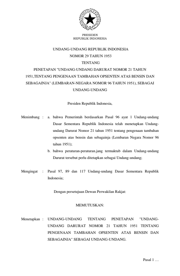 Undang-Undang Nomor 29 Tahun 1953