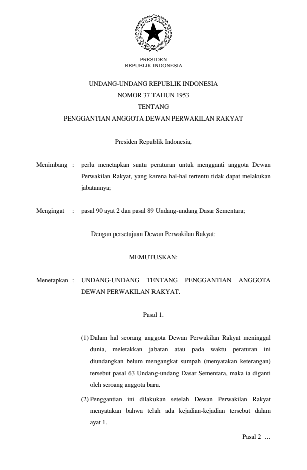 Undang-Undang Nomor 37 Tahun 1953