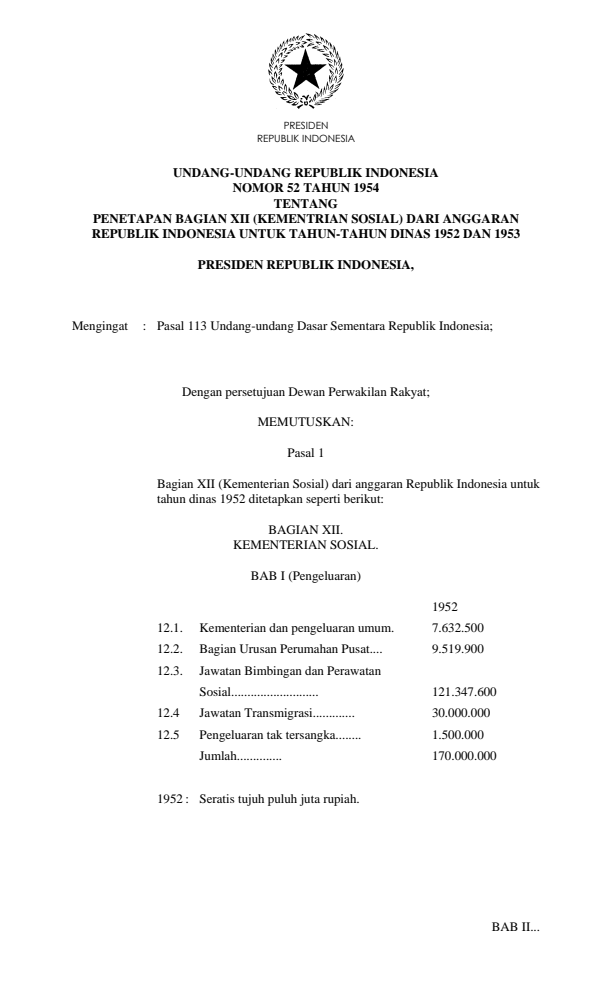 Undang-Undang Nomor 52 Tahun 1954