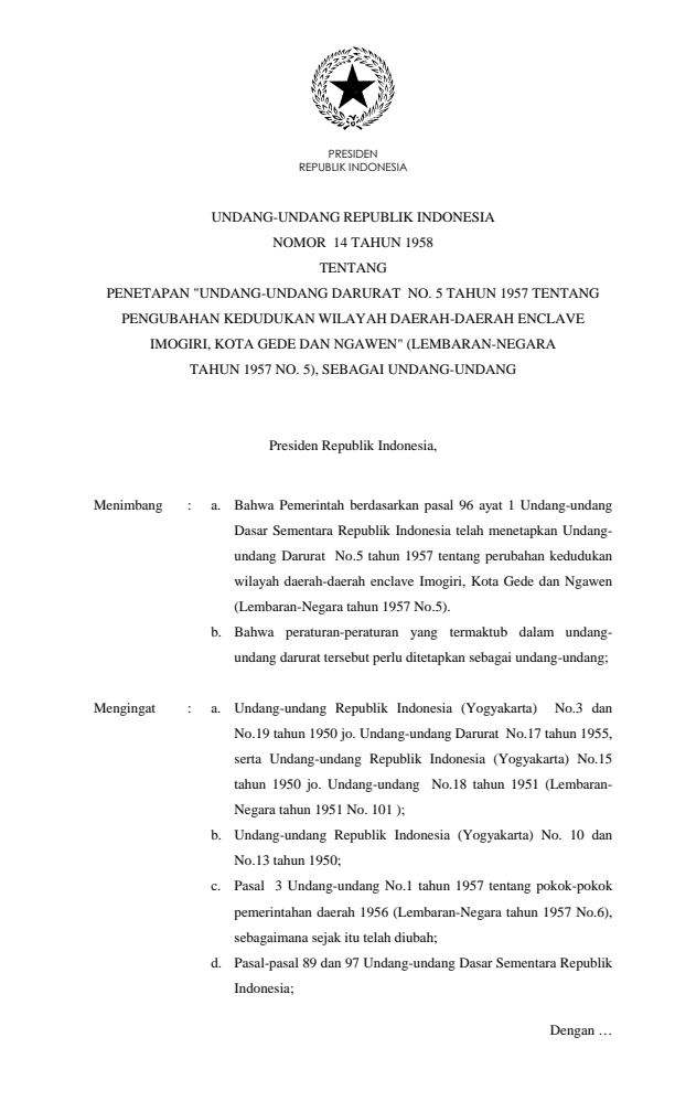 Undang-Undang Nomor 14 Tahun 1958