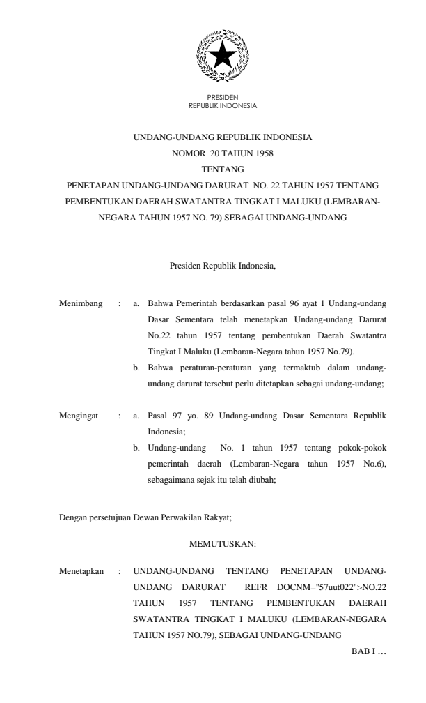 Undang-Undang Nomor 20 Tahun 1958