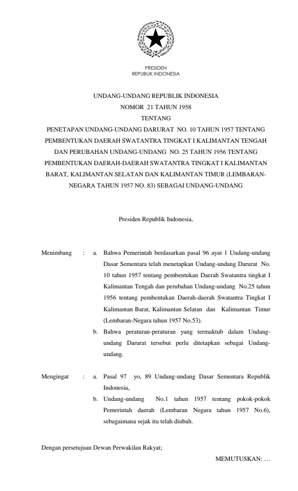 Undang-Undang Nomor 21 Tahun 1958