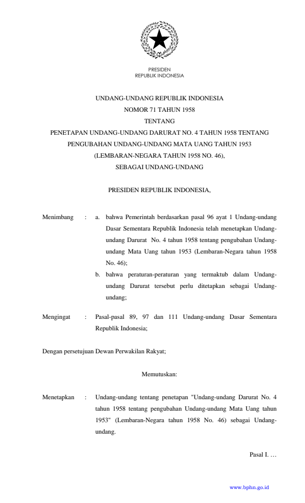 Undang-Undang Nomor 71 Tahun 1958