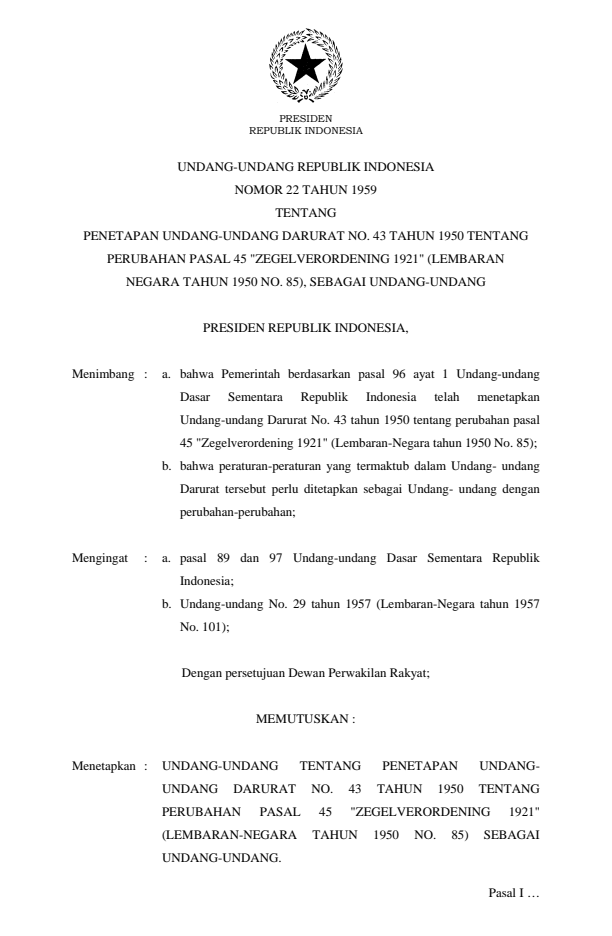 Undang-Undang Nomor 22 Tahun 1959